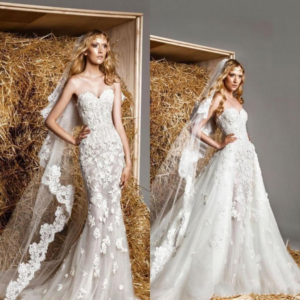 Zuhair Murad Vintage Wedding Dresses with Detachable Overskirts Strapless Sweetheart Appliqued Royal Princess Bridal Gowns