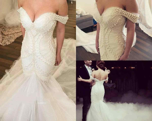 Mermaid Wedding Dresses Bridal Gowns Off Shoulder Beaded Backless Tulle Sweep Train Plus Size Trumpet Wedding Dress