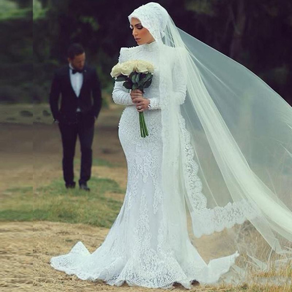 Muslim Mermaid Lace Wedding Dresses Bridal Gowns Modest High Neck Long Sleeve Lace Appliques High Sweep Train Wedding Dress