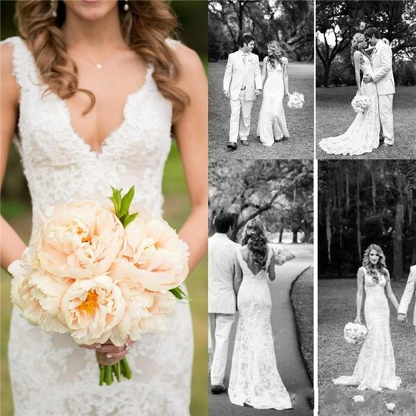 Sexy Full Lace Mermaid Wedding Dresses Deep V Neck Backless Sleeveless Chapel Train Summer Wedding Bridal Gowns Plus Size DTJ