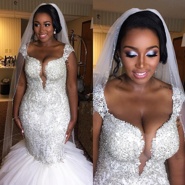 Luxurious African Style Plus Size Mermaid Wedding Dresses Bridal Gowns Cap Sleeves Beaded Crystal Ruffled Tulle skirt Wedding Gowns