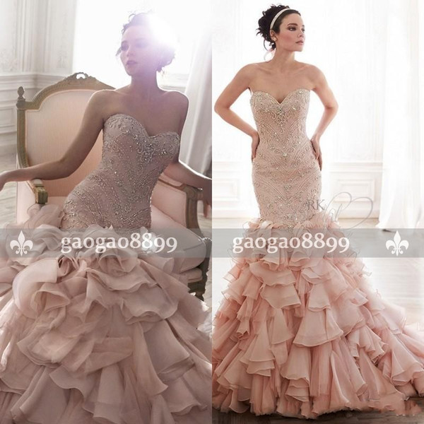 Blush Pink Mermaid Wedding Dresses Bridal Gowns Plus Size Vestidos De Noiva Sexy Crystal Beads Sweetheart Beaded Bodice Ruffles