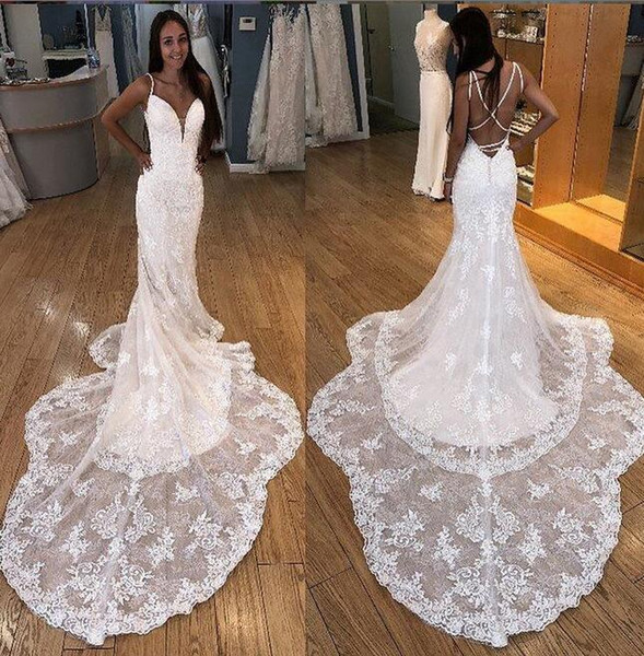 elegant Lace Mermaid Wedding Dresses Real Picture Plunging V Neck See Through Backless Bridal Gowns with Court Train Custom Made