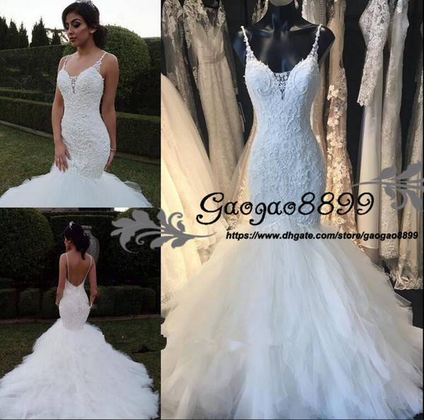 African Nigerian Plus Size mermaid Wedding Dresses lace Beading Tiered spaghetti Long Chapel Train Tulle sexy Mermaid Bridal Gowns