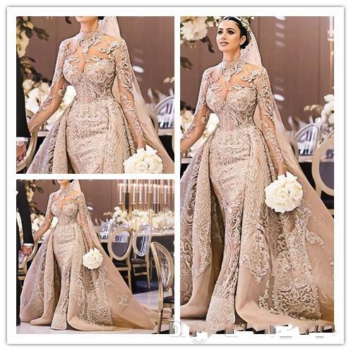 Luxurious Elegant Mermaid Wedding Dresses with Detachable Train Champagne Long Sleeve Lace Bridal Gowns robe de mariée