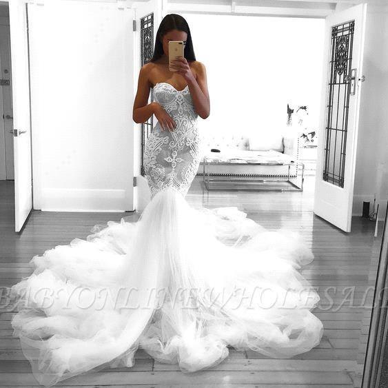 Gorgeous Mermaid Lace Wedding Dresses Sweetheart Neck Tulle Sweep Train Lace Appliques Bridal Gown vestido de novia BC1868