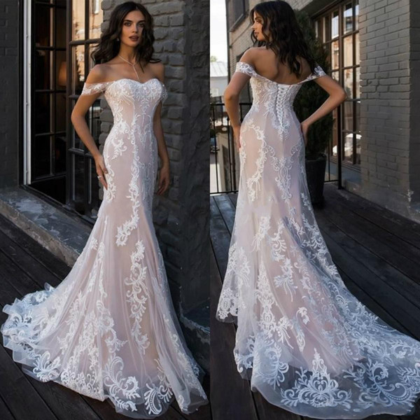 Berta Off the Shoulder Mermaid Wedding Dresses Long Appliques Lace Up Back Castle vestido de novia Beach Bridal Gowns