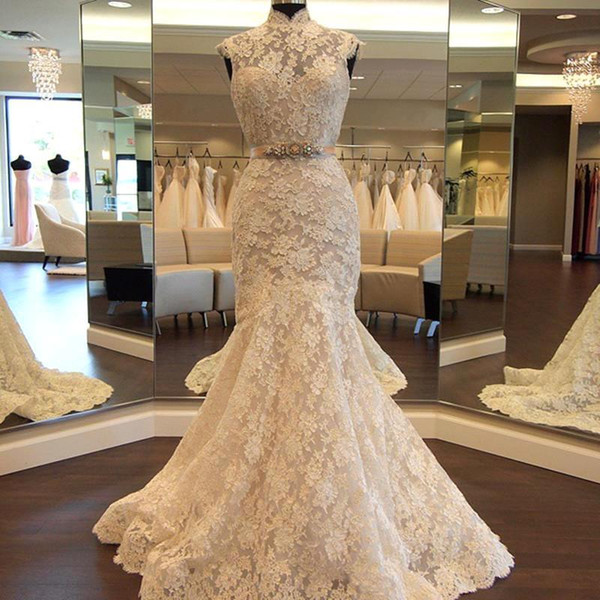 Elegant High Neck Mermaid Wedding Dresses Lace Appliques Beaded Sash Bridal Gown vestido de noiva BC1842