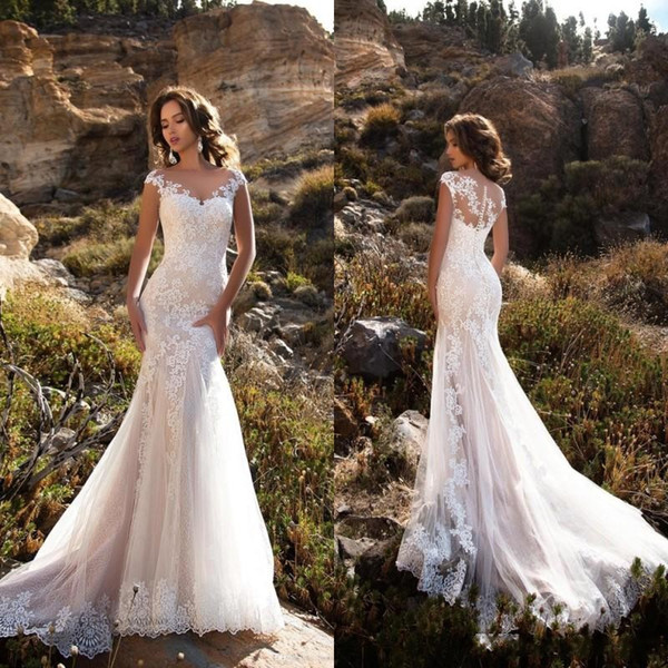 Light Champagne Mermaid Lace Wedding Dresses Sheer Neck Court Train Boho Bridal Gowns Vestidos De Noiva BA8413