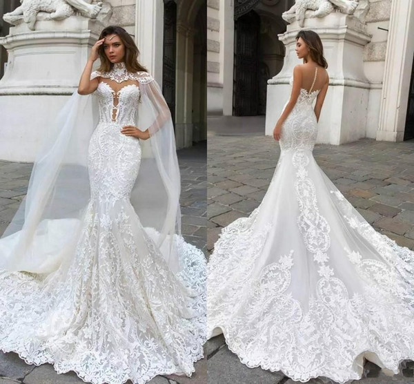 Dubai Arabic Mermaid Wedding Dresses Beading Sleeveless Long Court Train Lace Applique Wedding Dress Bridal Gowns BA9313