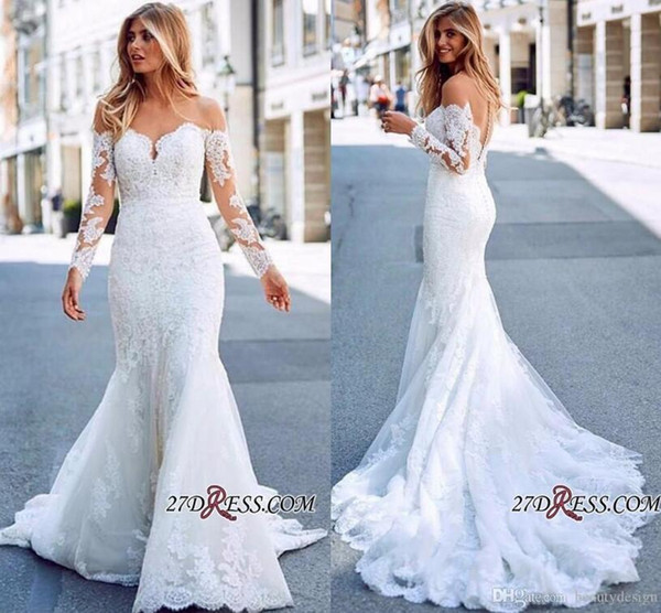 Exquisite Romantic Lace Mermaid Wedding Dresses Off The Shoulder Long Sleeves Tulle Wedding Bridal Gowns Custom Made Wedding Gowns