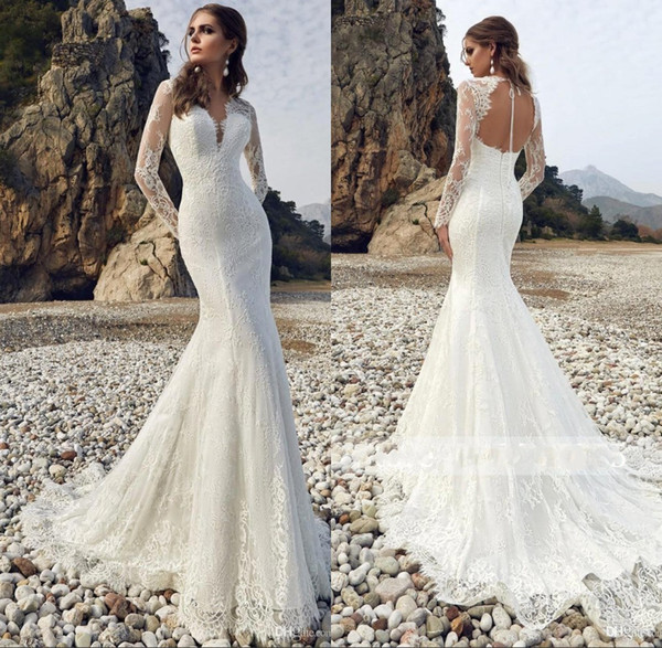 New Deep V Neck Beach Lace Weddign Dresses Sheer Long Sleeve Backless Bridal Gown vestido de novia BC1921