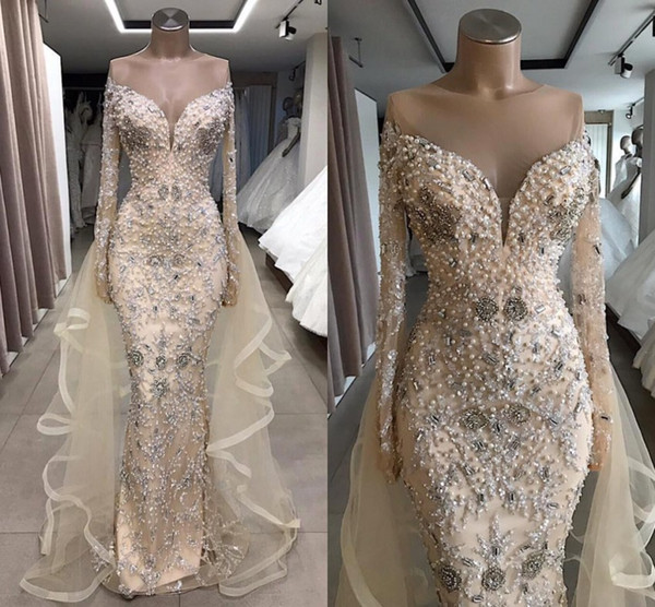 Sheer Jewel Neck Mermaid Wedding Dresses All-over Pearls Beaded Beadings Long Sleeve Bridal Gown vestido de novia BC0874