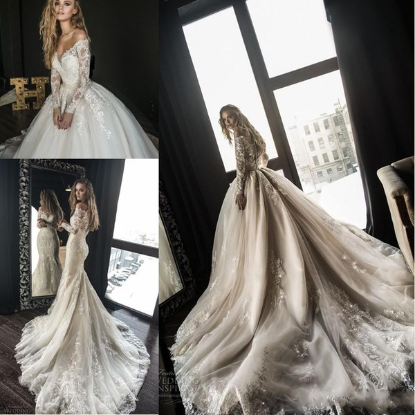 Gorgeous Mermaid Wedding Dresses with Detachable Train Arabic Dubai Off Shoulder Long Sleeves Lace Wedding Bridal Gowns BA9641