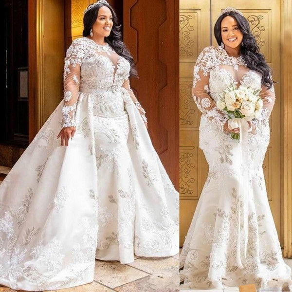 Vintage Plus Size African Mermaid Lace Wedding Dresses Detachable Skirt Long Sleeve Country Vestido de novia Bridal Gowns