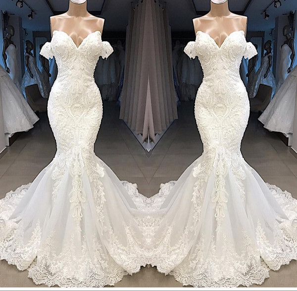 Elegant Off Shoulder Lace Mermaid Wedding Dresses Lace Piping Edge Tulle Sweep Train Bridal Gown vestido de novia