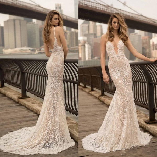 Modern Sexy Lace Mermaid Wedding Dresses Illusion Bodice Backless Sweep Train Sheath Deep V Neck Bridal Gowns Vestidos BC1705