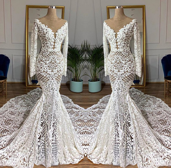 Sexy Mermaid Lace Wedding Dresses Long Sleeve Deep V Neck Sweep Train Appliques Bridal Gown vestido de novia