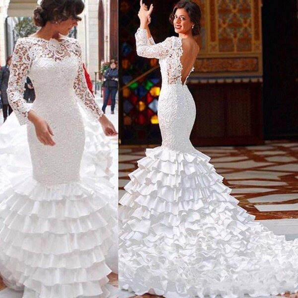 Lace Mermaid Bateau Backless Ruffles Long Sleeve Wedding Dresses White robe de mariage vestidos de novia Bridal Gowns