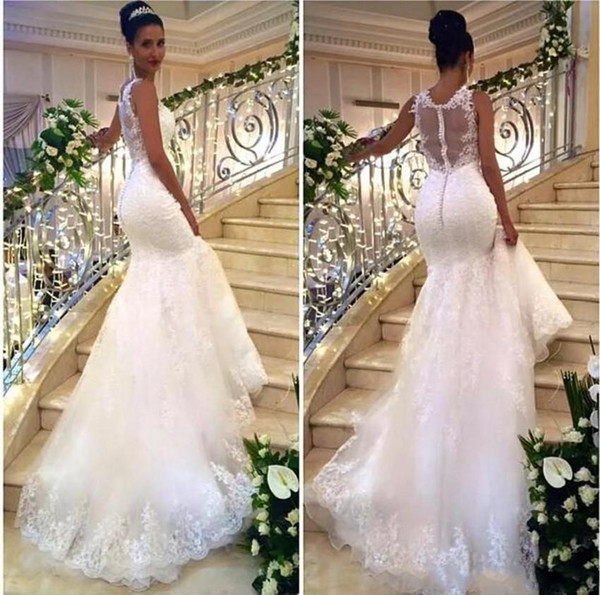 Elegant Mermaid Wedding Dresses African Sheer Neck Appliques Lace Tulle Illusion Back Plus Size Cheap Bridal Gowns