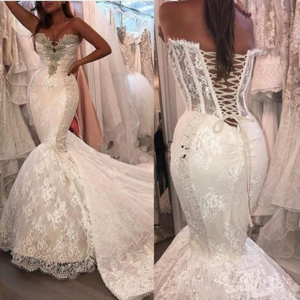 Sexy Mermaid Wedding Dresses Lace Appliques Crystal Beaded Mermaid Wedding Dress Tulle Chapel Train Bridal Gowns Custom Made