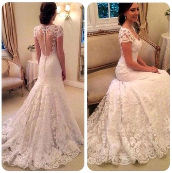 Elegant V-neck Full Lace Wedding Dresses Cap Sleeves Romantic Illusion Button Back Long Mermaid Bridal Gowns with Sweep Train BA2090