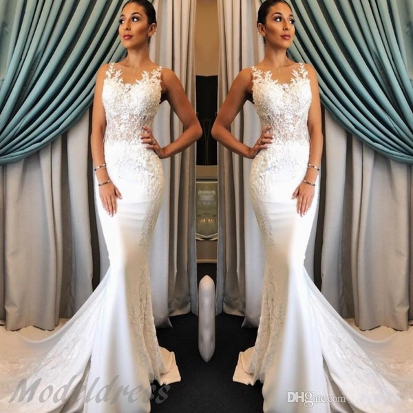 Sexy Mermaid lace Wedding Dresses Illusion Neck Appliques Sweep Trian Bridal Gowns Plus Size Customized Arabic