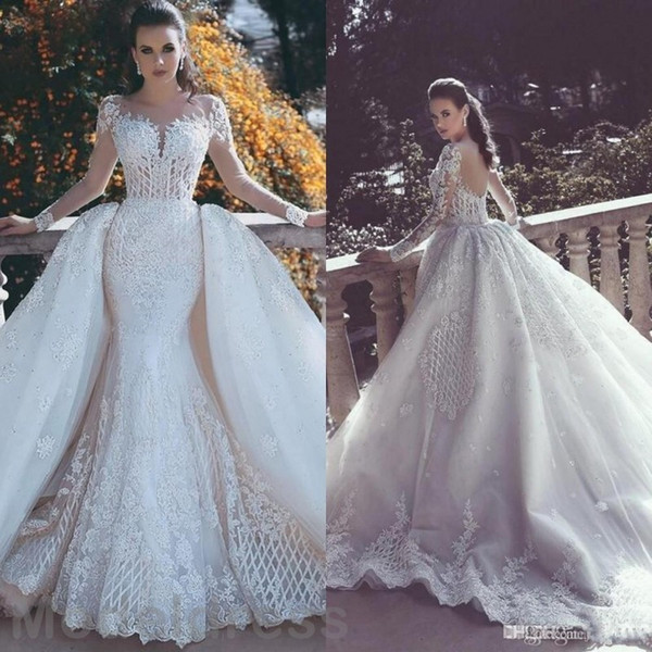 African Luxury Lace Mermaid Wedding Dresses Illusion Neck Long Sleeve Detachable Train Appliques Beaded Plus Size Bridal Gowns Arabic