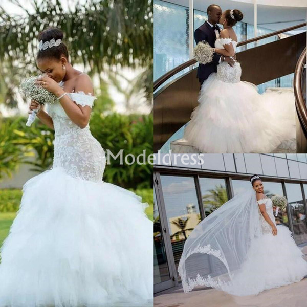 Arabric Mermaid Lace Wedding Dresses Black Girl Country Tulle Skirt Sweep Train Wedding Guest Gowns Appliques Charming robe de mariée