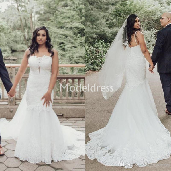 Gorgeous Lace Mermaid Wedding Dresses Plus Size Spaghetti Strap Sweep Train Country Style Chapel Bridal Gowns Charming Hot Vestidoe De Noiva