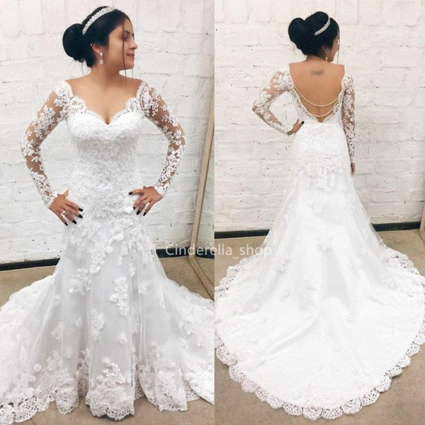 Long Sleeves Mermaid Wedding Dresses V-Neck Lace Appliques Illusion Backless Garden African Bridal Gowns Customized robes de mariée