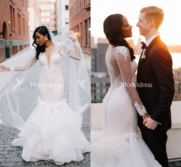 Arabric Lace Mermaid Wedding Dresses Long Sleeves Sheer Neck Floor Length Black Girl Chapel Bridal Gowns Illusion Elegant Vestidoe De Noiva