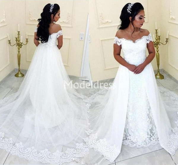 Arabric Lace Mermaid Wedding Dresses With Detachable Train Off Shoulder Sweep Train Chapel Garden Bridal Gowns Country robe de mariée