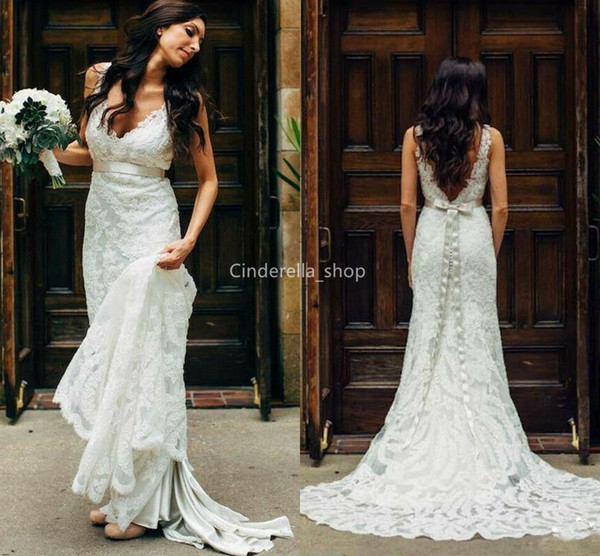 Bohemian Lace Mermaid Beach Wedding Dresses V-Neck Backless Bow Sash Country Style Summer Bridal Gowns robes de mariée