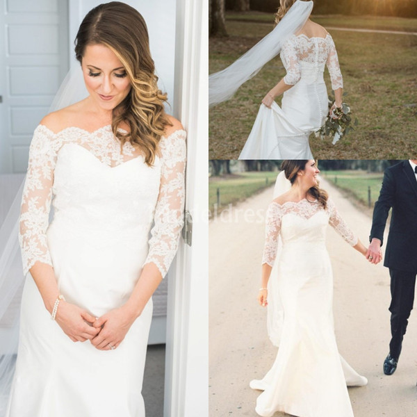 Gorgeous Scalloped Lace Mermaid Wedding Dresses Off Shoulder Country Style Sweep Train Beach Bridal Gowns Illusion Elegant robe de mariée