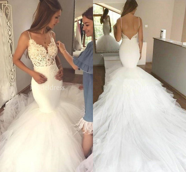 Elegant Lace Mermaid Wedding Dresses Spaghetti Strap Backless Court Train Tulle Shirt Bridal Gowns Chapel Charming Vestidoe De Noiva Custom