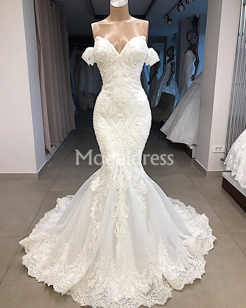 Lace Mermaid Wedding Dresses Off Shoulder Train Sheath Modern Tulle Long Backless Bridal Gowns Gorgeous Charming robe de mariée Elegant