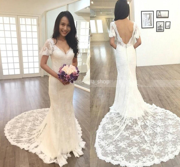 Beautiful Lace Mermaid Wedding Dresses Deep V-Neck Backless Summer Bride Dress With Cap Sleeves Bohemian Sweep Train vestidos de novia