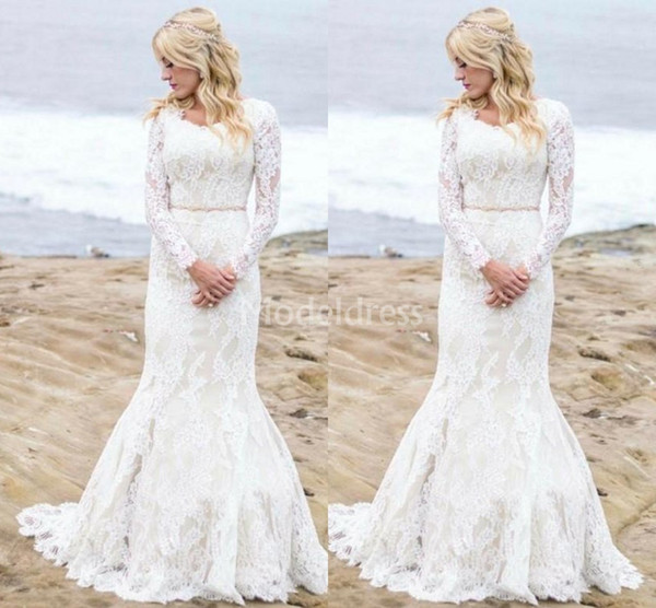 Modest Mermaid Lace Wedding Dresses With Long Sleeves O-Neck Sweep Train Illusion Beach Bridal Gowns Country Style Classic Vestidoe De Noiva