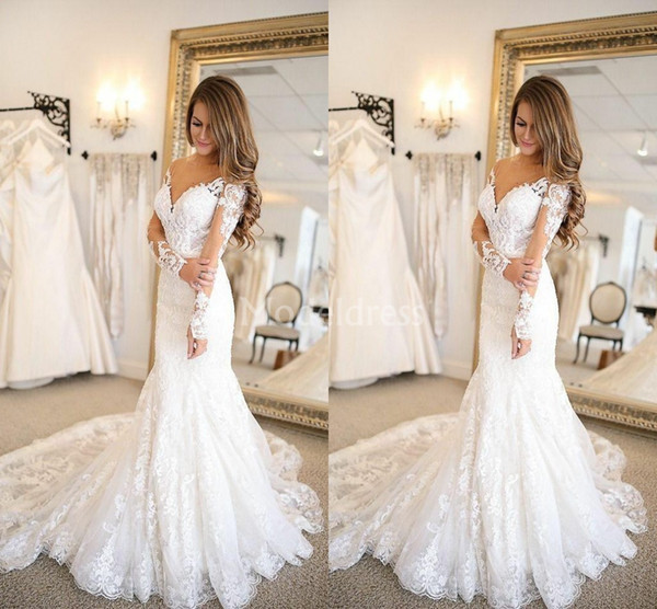 Stylish Mermaid Lace Wedding Dresses Sheer Neck Illusion Long Sleeves Sweep Train Chapel Bridal Gown Appliques Charming robe de mariée