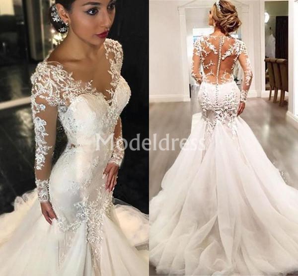 Arabic Lace Mermaid Wedding Dresses Deep V-Neck Illusion Train Sheath Chic Long Sleeves Bridal Gown Gorgeous Charming robe de mariée Cheap