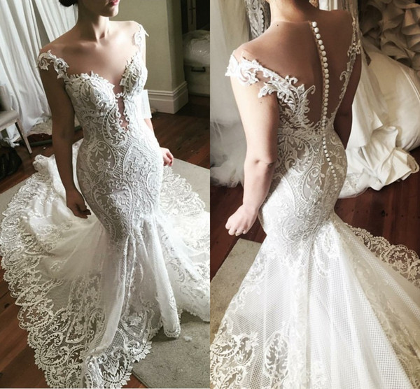 Luxury Steven Khalil Mermaid Lace Wedding Dresses Sheer Neck Appliques Illusion Back Chapel Train Bridal Gowns Plus Size Customized