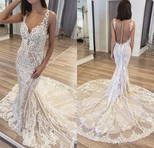 Lace Mermaid Wedding Dresses Illusion Bodice Court Train Deep V Neck Sleeveless Beach Bridal Gowns Elegant Vestidoe De Noiva Custom