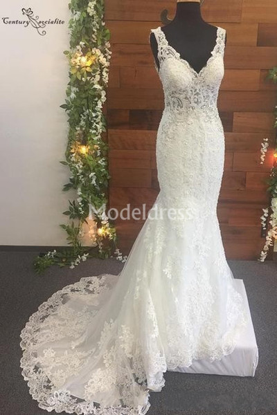 Lace Mermaid Wedding Dresses New Country Style Deep V-Neck Sheath Train Sleeveless Bridal Gowns Backless Elegant robes de mariée Custom Made