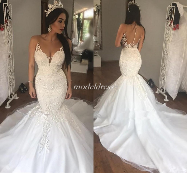 Arabic See Through Mermaid Wedding Dresses Sheer Neck Sweep Train Appliques Chapel Garden Country Plus Size Bridal Gowns vestido de novia