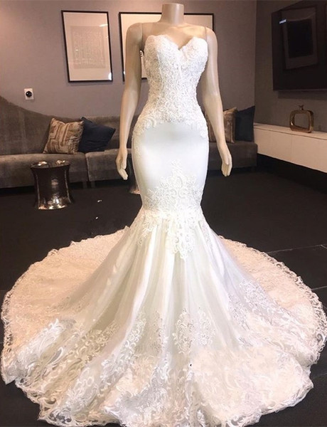 New Mermaid Lace Appliques Wedding Dresses Sweetheart Sleeveless Court Train Fashion Bridal Dresses Bodycon Slim Charming Luxury Gowns Cheap