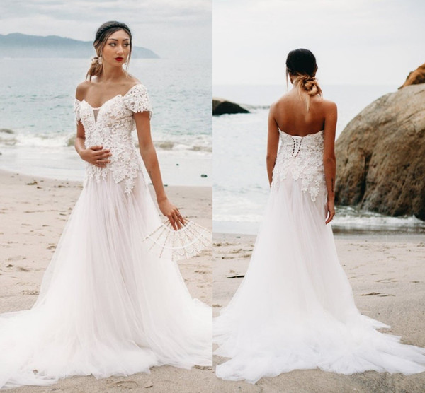 Lace Beach Mermaid Wedding Dresses Off Shoulder Backless Long Soft Tulle Sweep Train Bridal Gowns Hot Selling Appliques Plus Size Gowns