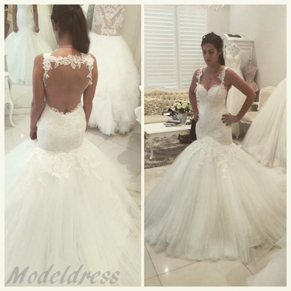 Sexy Arabic Mermaid Lace Wedding Dresses Spaghetti Straps Ball Gown Sweetheart Illusion Back Appliques Sweep Train Bridal Gowns Cheap