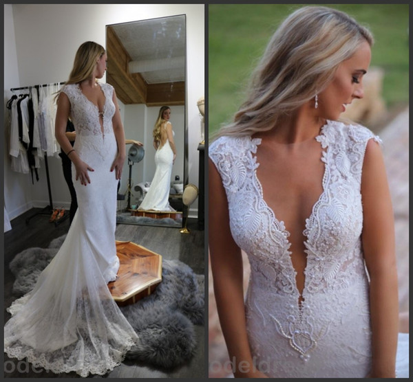 Gorgeous Lace Mermaid Wedding Dresses Jewel Illusion Back Appliques Beaded Sweep Train Country Plus Size Bridal Gowns Customized Cheap