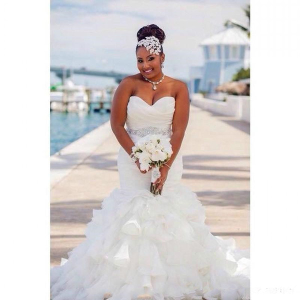 Africa Plus Size Wedding Dresses New Design Hot Selling Custom New Beads Sash Gorgeous Ruffle Organza Mermaid Country Bridal Gowns W301